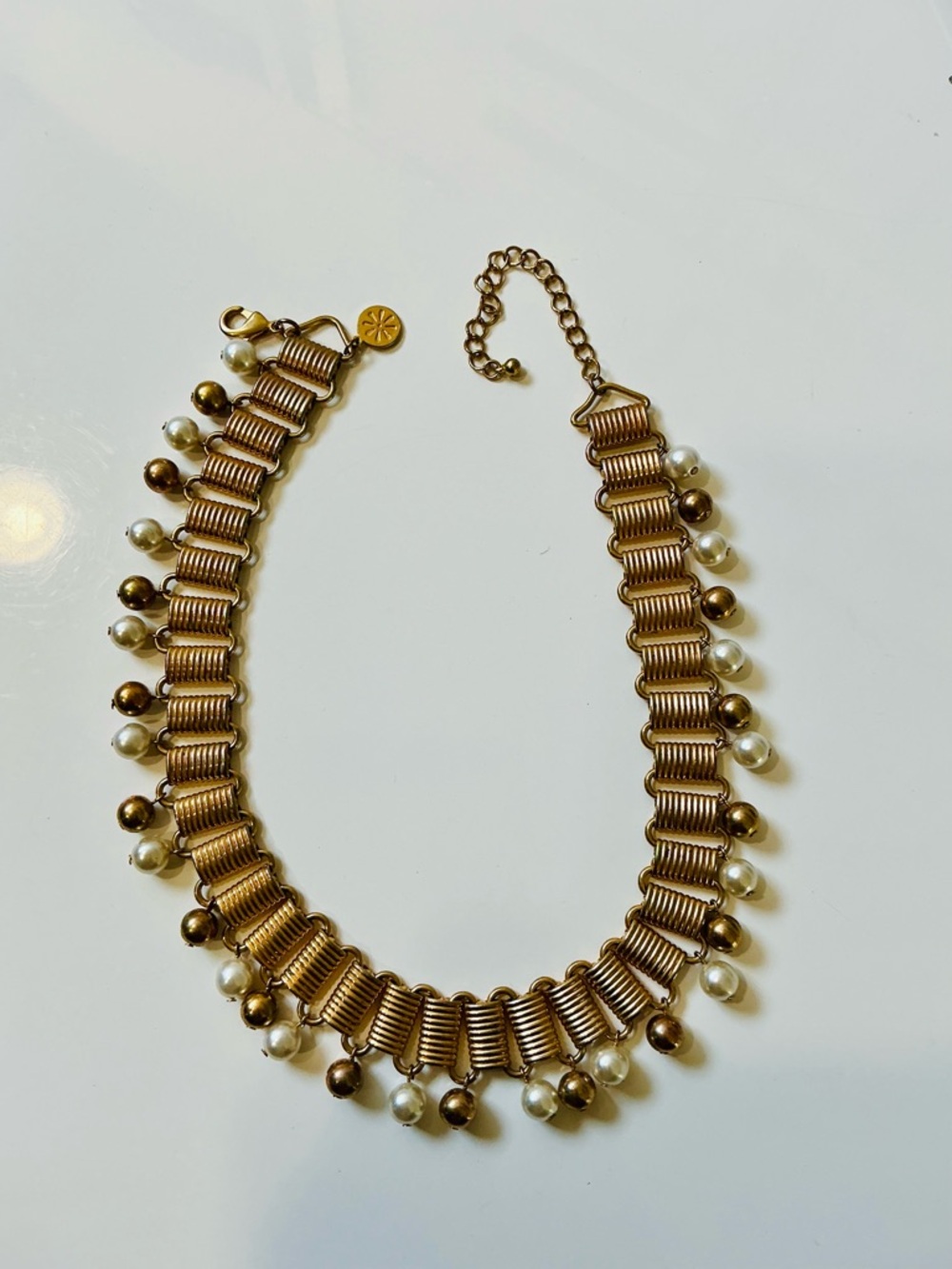 VTG QVC Gold & Pearl Fringe Choker Necklace Casual Cocktail Bib Collar Lightwe - Picture 12 of 14